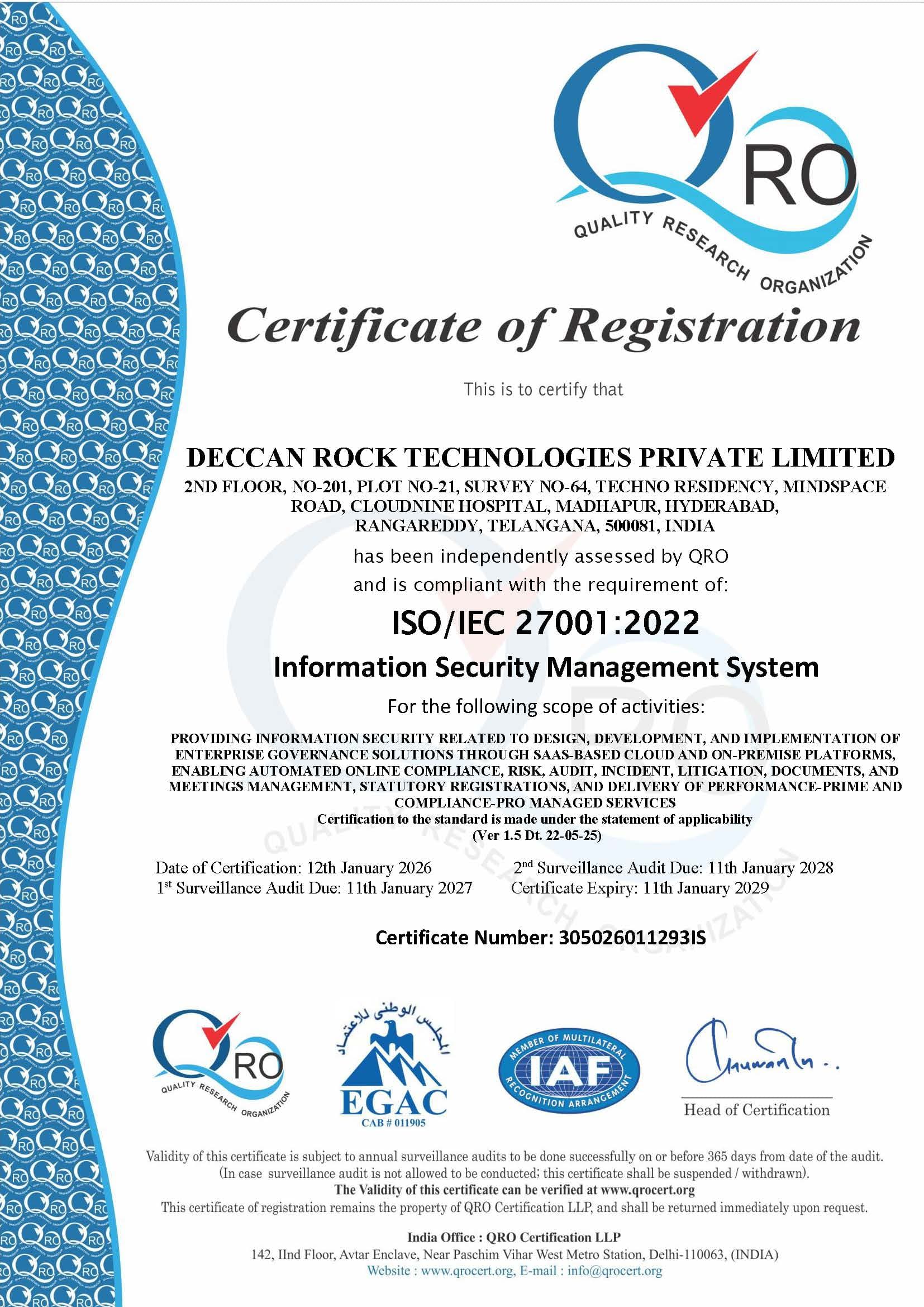 ISO/IEC 27001:2022 Certificate of Registration for Deccan Rock Technologies Private Limited