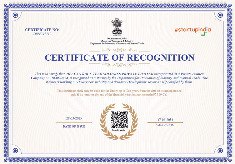 Startup India Certificate of Recognition for Deccan Rock Technologies Private Limited